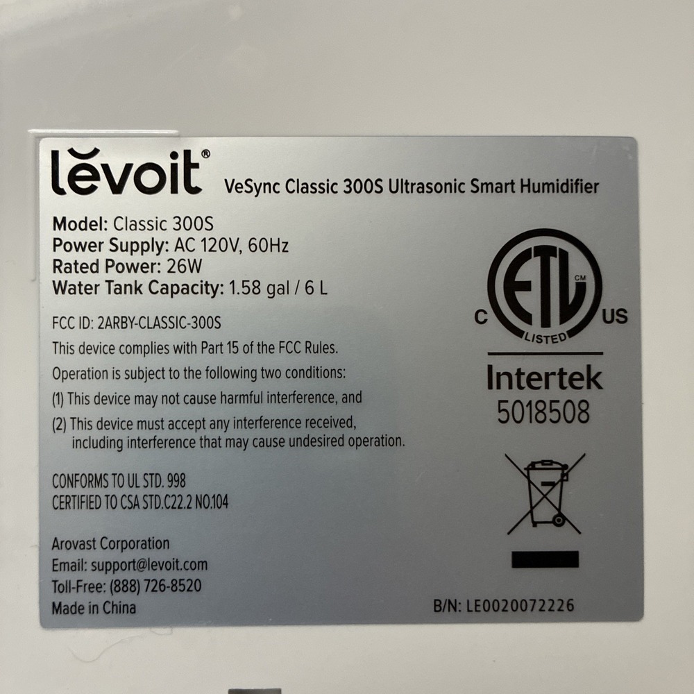 LEVOIT Classic 300S Humidifier 6L Cool Mist Smart App Voice Control Gray EUC - Picture 4 of 8